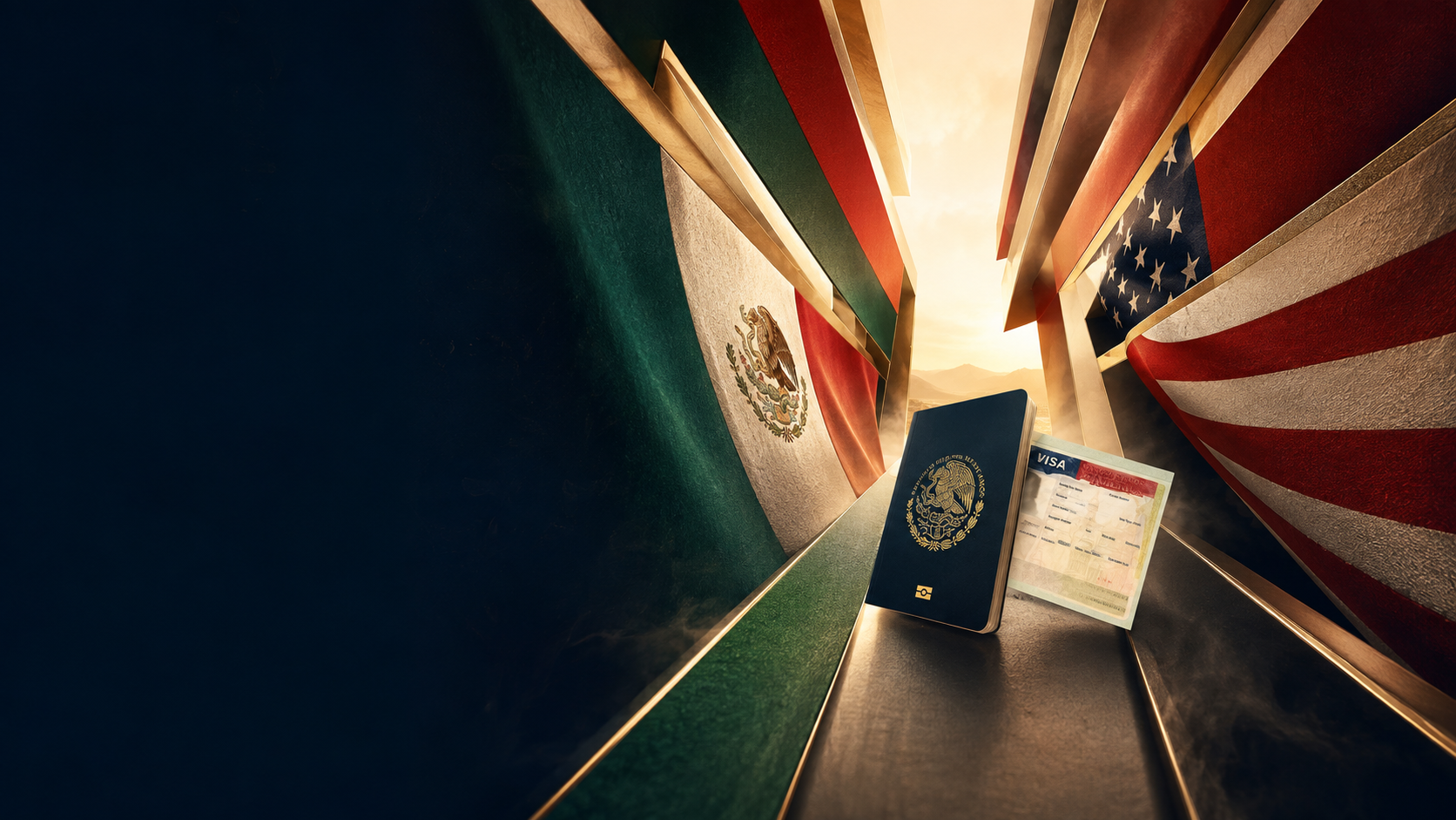 Portal formado por las banderas de México y Estados Unidos con un pasaporte y una visa