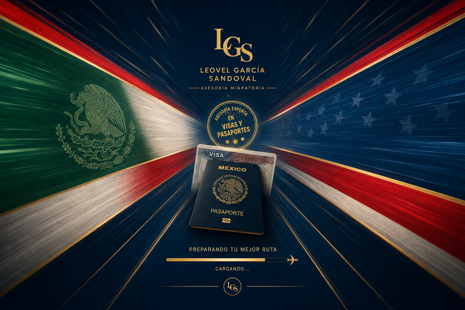 Pasaporte mexicano y visa estadounidense en una composición de banderas